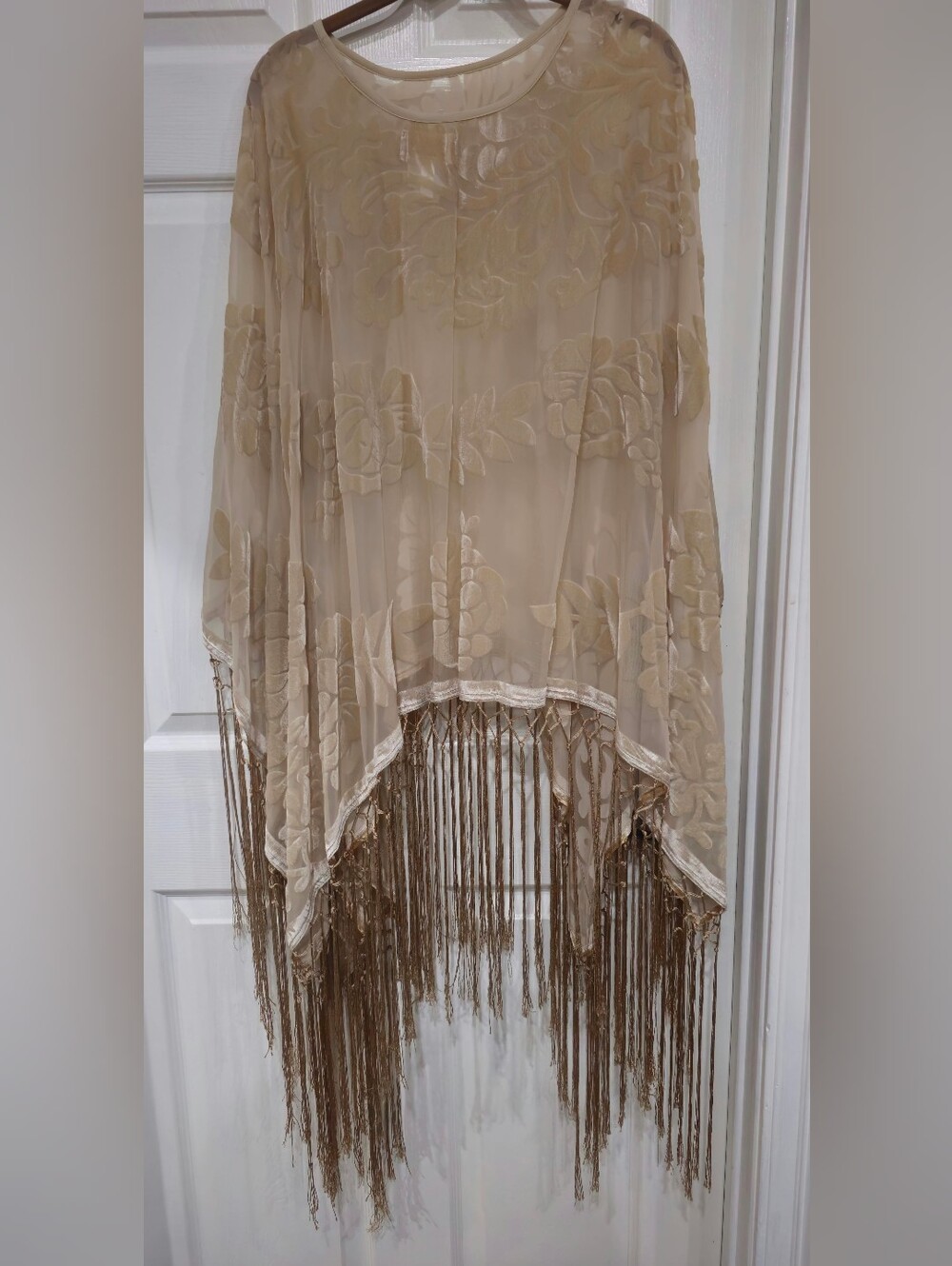 Denim & Supply Ralph Lauren Beige Floral Velvet Burnout Fringe Poncho